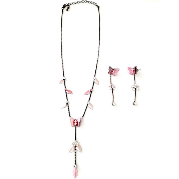 Vintage Romantic Pink Butterfly Leaf Flower Rhinestones Crystals Necklace Set - Picture 3 of 7